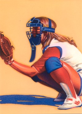 Featured is a postcard image of a woman softball catcher.  The card was produced for the Centennial Olympic Games in Atlanta, GA.  Softball made its first Olympic appearance at those games.  The original unused card is for sale in The unltd.com Store.